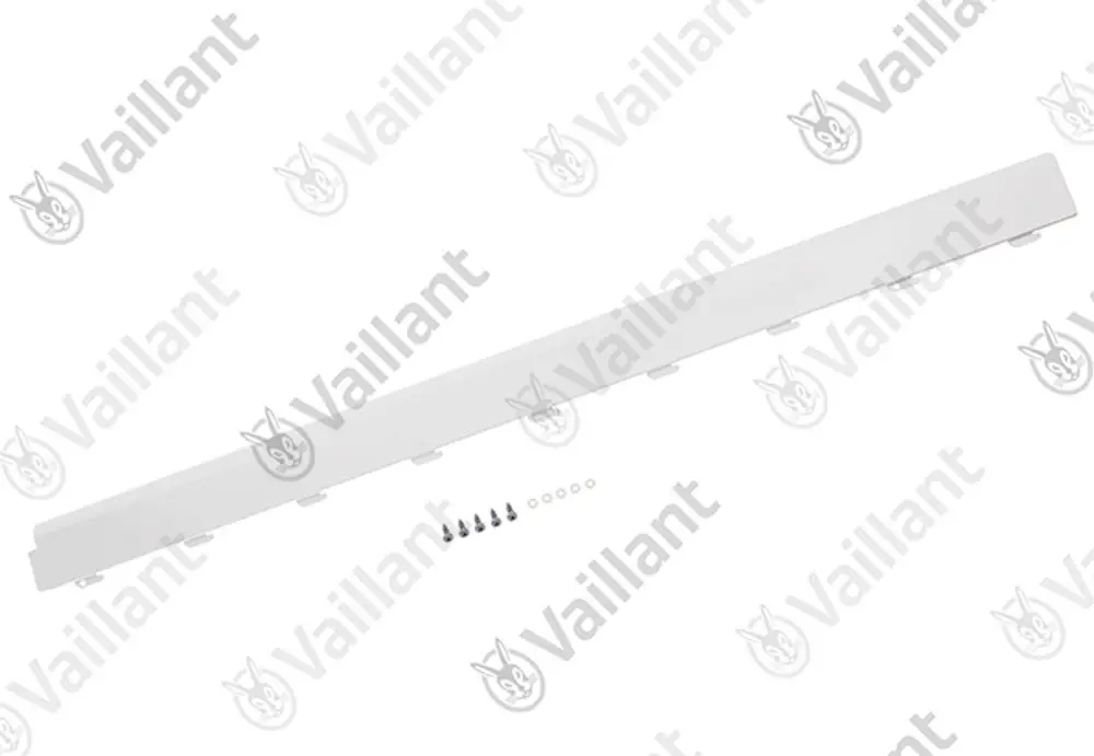 Weißes Seitenblech von Vaillant mit mehreren Befestigungslöchern und Schrauben. Geeignet für verschiedene Anlagenumgebungen.